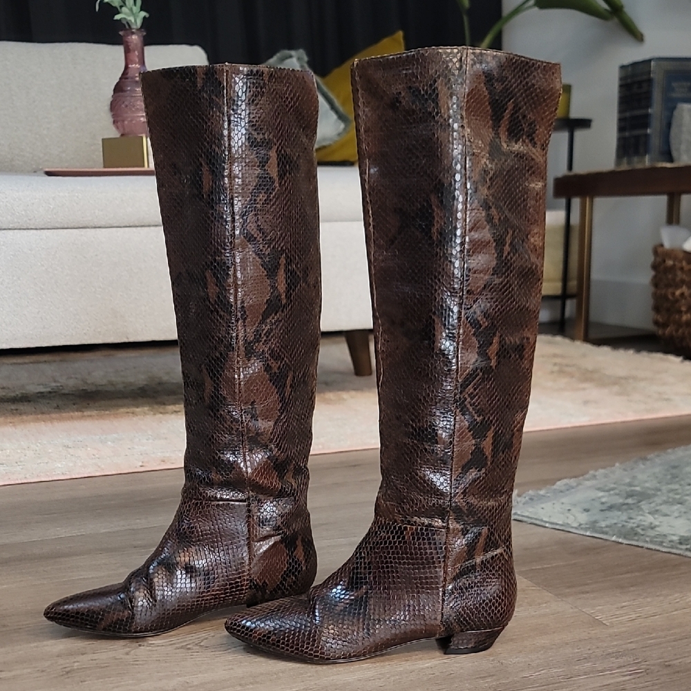 Brown Leather Snakeskin Embossed Knee-High Boots - Picture 3 of 16